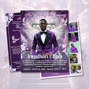 Può includere: Un biglietto commemorativo con un ritratto di Jonathan Elijah, vestito con un abito viola e un papillon nero. Il biglietto include il testo "In Loving Memory" e dettagli sulla sua vita, comprese le date di nascita e di morte.