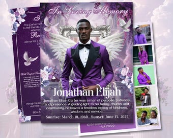 Paarse begrafenis Memorial programmasjabloon, viering van het leven, doodsbrief boek, bloemen begrafenisprogramma, In Loving Memory, Memorial Keepsake