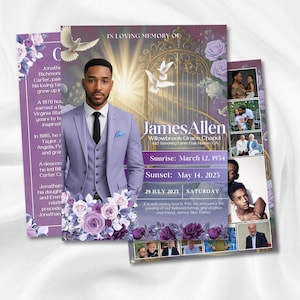 May include: A memorial card set featuring a portrait of a man in a lavender suit, with text including "James Allen" and dates. The design incorporates floral elements, doves, and a golden gate illustration.