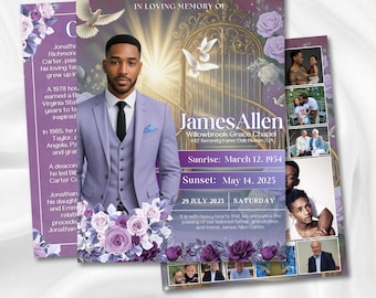 Paarse begrafenis Memorial programmasjabloon, viering van het leven, doodsbrief boek, bloemen begrafenisprogramma, In Loving Memory, Memorial Keepsake