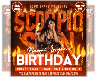 May include: A promotional flyer for Naomi Zayla's birthday party. The design features a woman holding a guitar, with the word "SCORPIO" in fiery letters. The flyer includes the date, time, and location, with the words "BIRTHDAY", "DRINKS | CAKE | DANCING | VIBES ONLY".