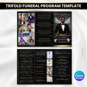 May include: A trifold funeral program template with a black and gold design. The program includes photos, text, and the name "Jonathan Lee Turner." The Canva editable template features an order of service and memorial details.