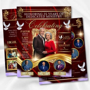 May include: A maroon and gold flyer celebrating 25 years of dedicated ministry. The flyer features a photo of a couple in a gold frame, doves, and the text "Celebrating." Additional photos and text include the date, time, and guest speakers.
