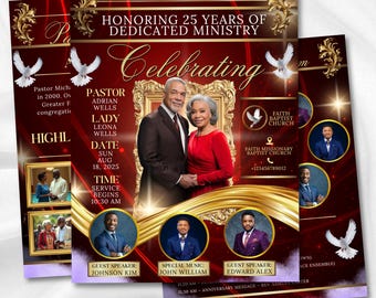 4 Page Pastor Anniversary Program Template, Pastor and Wife Church Anniversary Bi-Fold Brochure, Editable Red Pastor Appreciation Program