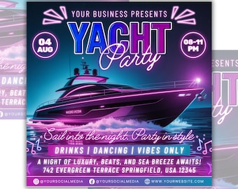 May include: A vibrant flyer for a yacht party, featuring a sleek, illuminated yacht in shades of purple and blue. The text "YACHT Party" is prominently displayed, along with event details and social media handles. The theme is luxury and nightlife.