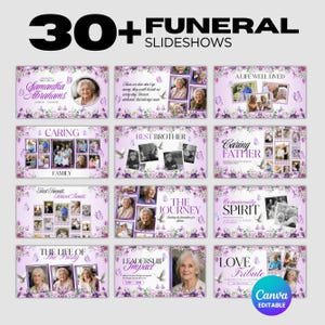 May include: A collection of 30+ funeral slideshow templates featuring a light purple floral and butterfly theme. Each slide includes placeholders for photographs and text such as A Life Well Lived, Caring Father, and Love Tribute. The design is Canva editable.