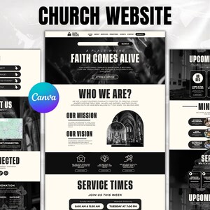 Könnte beinhalten: Ein Website-Design für eine Kirche, das ein Schwarz-Weiß-Farbschema mit einem modernen Layout aufweist. Das Design umfasst Abschnitte für Gottesdienste, Veranstaltungen und Kontaktinformationen. Der Text auf der Website lautet "Church Website", "Faith Comes Alive" und "Service Times".