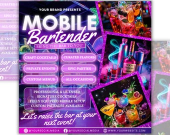May include: A promotional flyer for a mobile bartender service. The design features a purple and white color scheme with images of cocktails and liquor bottles. Text includes "Mobile Bartender" and service details.