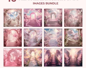 Bundle d'arrière-plans paradis floral rose, en mémoire d'amour PNG, ailes d'ange pour événements religieux, marches d'escalier et porte du paradis, modèle de toile