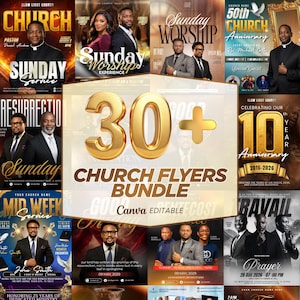 May include: A collection of 30+ church flyers, Canva editable, with various designs for Sunday services, worship, and anniversaries. The flyers feature images of pastors and church events, with text such as "Sunday Service" and "Prayer".