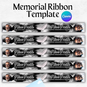 以下が含まれることがあります： 「Memorial Ribbon Template」のテキストとCanvaのロゴが入ったメモリアルリボンのテンプレート。男性、鳩の画像、そして「Steve Smith June 12th 1980 - July 19 2025」と「Forever Cherished in Our Hearts」のテキストが含まれています。