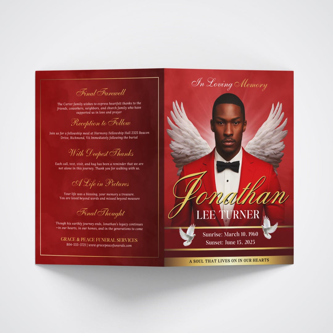 Red and Gold Funeral Program 8 Pages Template, Editable in Loving ...