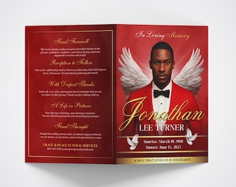Rood en goud begrafenisprogramma Sjabloon van 8 pagina's, bewerkbaar in Loving Memory Doodsbriefprogramma, Celebration of Life, afdrukbaar herdenkingsprogramma