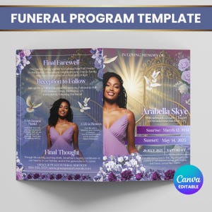 May include: A funeral program template with a purple and white floral design. The template includes the text "Funeral Program Template", "Final Farewell", "Reception to Follow", and "Final Thought". The program features a photo of a woman in a purple dress.