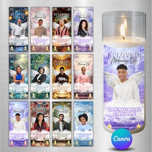 Pu&ograve; includere: Una collezione di candele commemorative con immagini di persone, ali d'angelo e la scritta "In Loving Memory Of". Le candele sono in un contenitore di vetro trasparente con uno stoppino acceso. &Egrave; visibile anche la scritta "Memorial Candle".