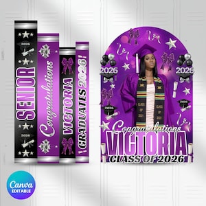 May include: A graduation design in purple and black, with the text "SENIOR 2026", "Congratulations", "VICTORIA", and "GRADUATES 2026!". The design also includes a person wearing a graduation gown and cap.