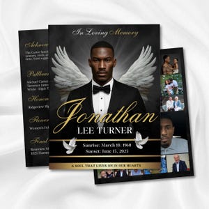 Peut inclure: Une carte commémorative avec un fond noir et du texte doré. La carte présente un portrait d'un homme avec des ailes d'ange, le nom "Jonathan Lee Turner" et les dates "Lever du soleil : 10 mars 1960 Coucher du soleil : 15 juin 2025".
