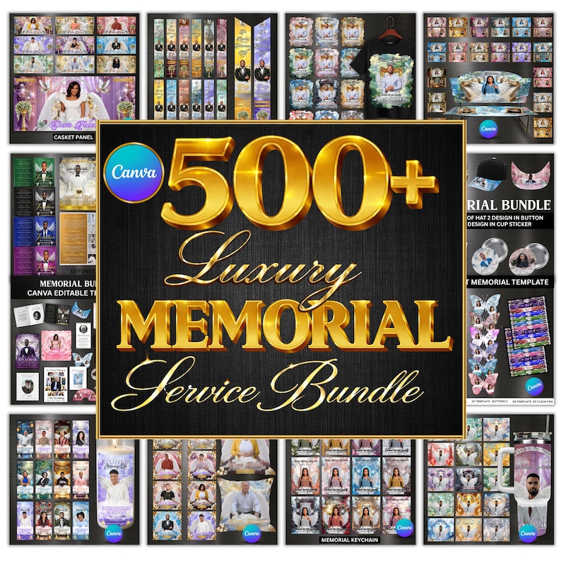 Pu&ograve; includere: Immagine promozionale che mostra un "Pacchetto di servizi commemorativi di lusso 500+". L'immagine presenta vari prodotti commemorativi, tra cui pannelli per bara, modelli commemorativi e portachiavi. Il testo "Canva" &egrave; visibile.