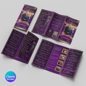 May include: A set of purple and gold funeral programs, featuring a photo of a couple and the text "Celebrating." The programs are tri-fold and include an order of service, acknowledgements, and photos.
