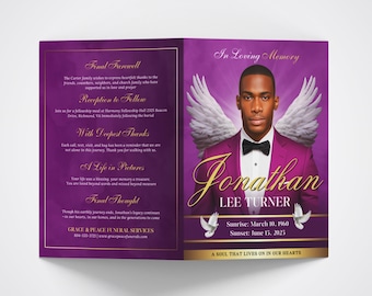 May include: A memorial service program with a purple and gold design. The cover features a photo of a man with angel wings, the name "Jonathan Lee Turner", and dates. Text includes "In Loving Memory".
