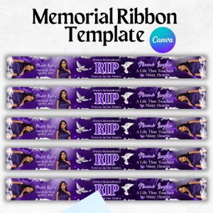 May include: A memorial ribbon template with a purple and white design. The ribbon includes the text "Always Remembered RIP Forever in Our Hearts" and "A Life That Touched So Many Hearts". It also features a photo of a woman and the dates March 12, 1952 - April 8, 2025.