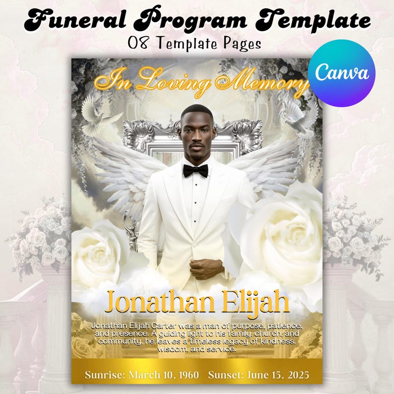 以下が含まれることがあります： 「Funeral Program Template」と「08 Template Pages」のテキストが入った葬儀プログラムテンプレート。白いスーツを着た男性、天使の羽、そして「In Loving Memory」と「Jonathan Elijah」のテキストが特徴です。Canvaのロゴが見えます。
