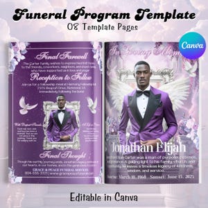 Purple Funeral Memorial program Template, Celebration of Life, Obituary Book, Floral Funeral Program, In Loving Memory, Memorial Keepsake
