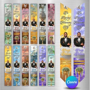 Pu&ograve; includere: Una collezione di segnalibri commemorativi con un ritratto di un uomo in smoking, la scritta "In Loving Memory Of" e il nome "Davis Adams". I segnalibri presentano urne floreali e illustrazioni di colombe, con varie combinazioni di colori.