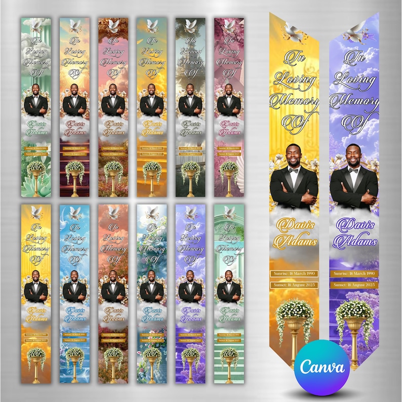 Pu&ograve; includere: Una collezione di segnalibri commemorativi con un ritratto di un uomo in smoking, la scritta "In Loving Memory Of" e il nome "Davis Adams". I segnalibri presentano urne floreali e illustrazioni di colombe, con varie combinazioni di colori.