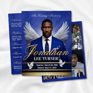 May include: A blue memorial card featuring a portrait of a man in a suit, angel wings, and the name "Jonathan Lee Turner" in gold script. The card includes dates, doves, and the phrase "A soul that lives on in our hearts."