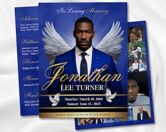 Puede incluir: Una tarjeta conmemorativa azul con un retrato de un hombre con traje, alas de ángel y el nombre "Jonathan Lee Turner" en letras doradas. La tarjeta incluye fechas, palomas y la frase "A soul that lives on in our hearts."