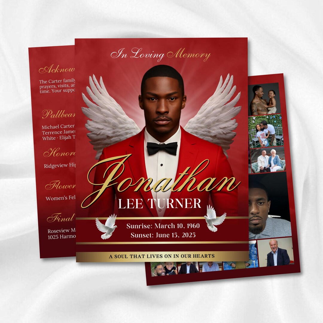 Red and Gold Funeral Program 8 Pages Template, Editable in Loving ...