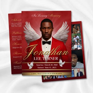 May include: A memorial card with a red background and a portrait of a man in a red suit and a black bow tie. The card includes the text "In Loving Memory" and the name "Jonathan Lee Turner". White angel wings are behind the man.