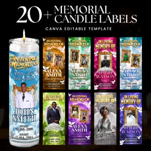May include: A lit memorial candle with a label featuring the text "In Loving Memory Of" and a photo. The image also shows various memorial candle labels with photos and names, including "Alexa Smith" and "David Watson."