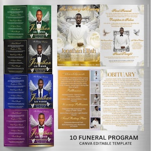 Pu&ograve; includere: Una collezione di dieci modelli di programmi funebri con vari schemi di colori, tra cui verde, nero, blu e viola. Ogni modello presenta un ritratto di un uomo con ali d'angelo e il nome "Jonathan". Il testo "10 FUNERAL PROGRAM CANVA EDITABLE TEMPLATE" &egrave; in basso.