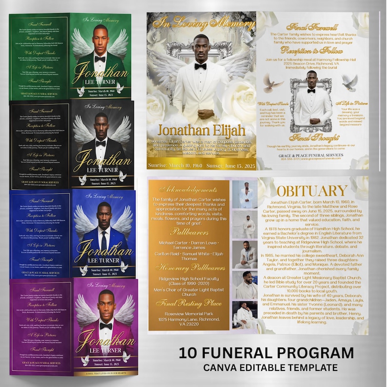 Pu&ograve; includere: Una collezione di dieci modelli di programmi funebri con vari schemi di colori, tra cui verde, nero, blu e viola. Ogni modello presenta un ritratto di un uomo con ali d'angelo e il nome "Jonathan". Il testo "10 FUNERAL PROGRAM CANVA EDITABLE TEMPLATE" &egrave; in basso.