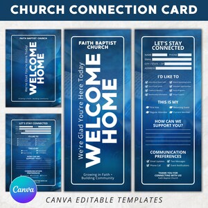 May include: A blue church connection card template featuring the text Welcome Home, We're Glad You're Here Today, Growing in Faith, Building Community, Let's Stay Connected, I'd Like To, This Is My, How Can We Support You, and Communication Preferences.