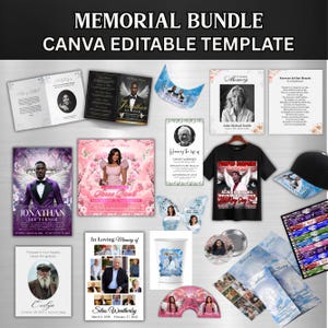 Pu&ograve; includere: Una collezione di modelli commemorativi, tra cui biglietti, volantini e una maglietta. I design presentano foto, elementi floreali e testo come "In Loving Memory" e "Forever in Our Hearts". Il pacchetto &egrave; un modello modificabile di Canva.