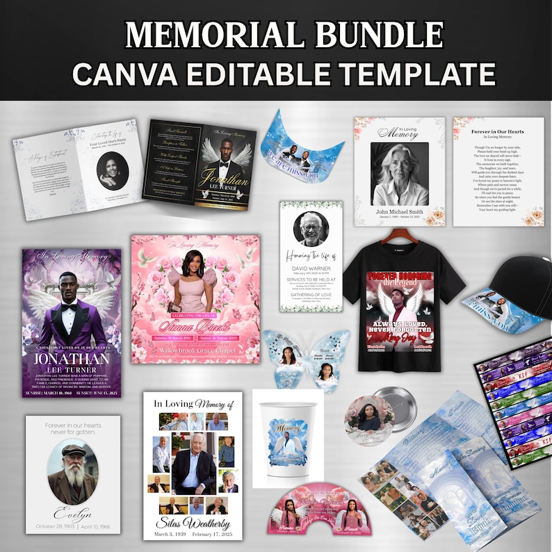 Pu&ograve; includere: Una collezione di modelli commemorativi, tra cui biglietti, volantini e una maglietta. I design presentano foto, elementi floreali e testo come "In Loving Memory" e "Forever in Our Hearts". Il pacchetto &egrave; un modello modificabile di Canva.