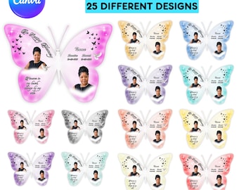 Plantilla de pin de mariposa conmemorativa, diseños editables de pins de mariposa para camisetas en Canva, recuerdo funerario, recuerdo conmemorativo