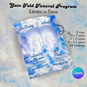 Angel Arch Funeral Program, Blue trifold obituary Funeral Celebration of Life Funeral Program Obituary Template FuneralFoldable Program