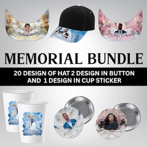 Pu&ograve; includere: Un pacchetto commemorativo con un berretto da baseball nero, visiere, bottoni e tazze. Gli articoli presentano immagini di persone, ali d'angelo e le scritte "In Loving Memory" e "Forever in Our Hearts". Il testo "Memorial Bundle" &egrave; anch'esso visibile.