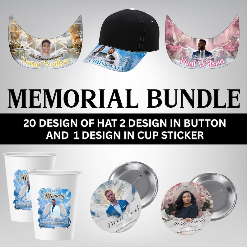 Pu&ograve; includere: Un pacchetto commemorativo con un berretto da baseball nero, visiere, bottoni e tazze. Gli articoli presentano immagini di persone, ali d'angelo e le scritte "In Loving Memory" e "Forever in Our Hearts". Il testo "Memorial Bundle" &egrave; anch'esso visibile.