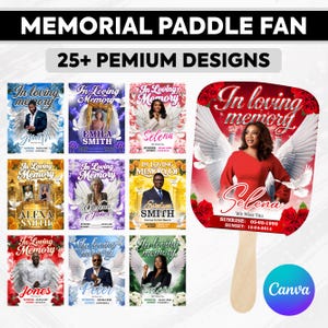 May include: A collection of memorial paddle fans featuring various designs with the text In Loving Memory, names, and dates. Each fan displays a portrait of a person with angel wings, roses, and doves. A wooden handle is attached to the base of the fan.