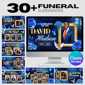 May include: A computer monitor displays a funeral slideshow template with the text "30+ Funeral Slideshows." The design features blue roses, butterflies, and a photo of a man in a suit. The text "David Hodson 1945-2026" is also visible.