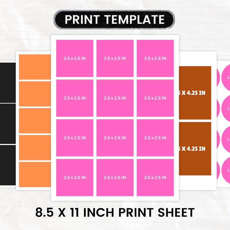 K&ouml;nnte beinhalten: Druckvorlagenbl&auml;tter mit verschiedenen Layouts. Ein Bogen zeigt zw&ouml;lf 6,35 x 6,35 cm gro&szlig;e Quadrate in Pink. Ein weiterer Bogen hat braune Rechtecke mit 12,7 x 10,8 cm. Der Text "PRINT TEMPLATE" und "8.5 X 11 INCH PRINT SHEET" werden angezeigt.