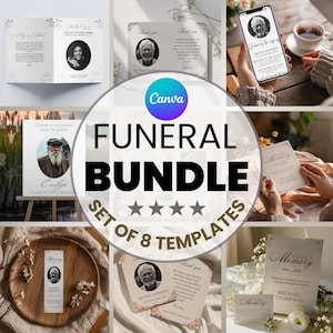 Puede incluir: Un conjunto de plantillas fúnebres, que incluyen tarjetas, un marcapáginas y una pantalla de teléfono, con fotos y texto. El texto incluye "Funeral Bundle", "Thank You" y "Share a Memory". Los diseños presentan acentos florales y una paleta de colores neutros.