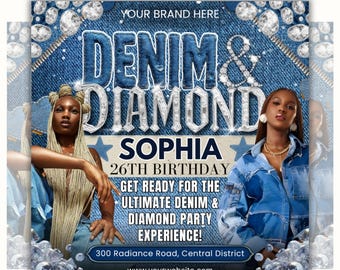 Denim & Diamonds födelsedagsflyer | Redigerbar Canva-mall för middagsinbjudningar och festflyers | Elegant blå jeans och bling digital design