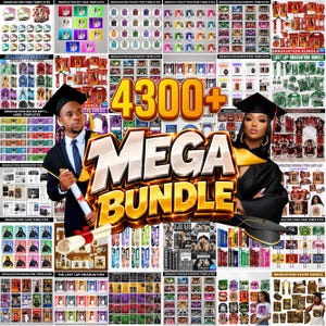 Puede incluir: Imagen promocional de plantillas con temática de graduación. La imagen presenta a un hombre y una mujer con atuendo de graduación, con las palabras "4300+ MEGA BUNDLE" en letras doradas grandes. Varias plantillas para abanicos, bolsas de regalo y telones de fondo rodean el texto central.