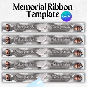 Pode incluir: Um modelo de fita memorial com o texto "Memorial Ribbon Template" e o logotipo Canva. O design da fita inclui uma foto, o nome "Steve Smith", datas, uma pomba e a frase "Forever Cherished in Our Hearts."